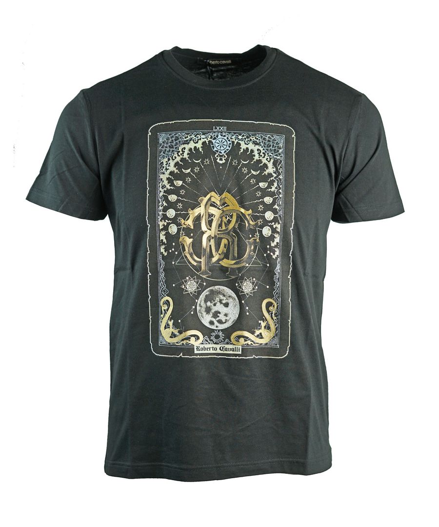 Roberto Cavalli Card Logo Black T-Shirt. Roberto Cavalli Black Tee. 100% Cotton. Large Motif On Front Of Tee. Crew Neck, Made In Italy. Style: GST643A 027 05051