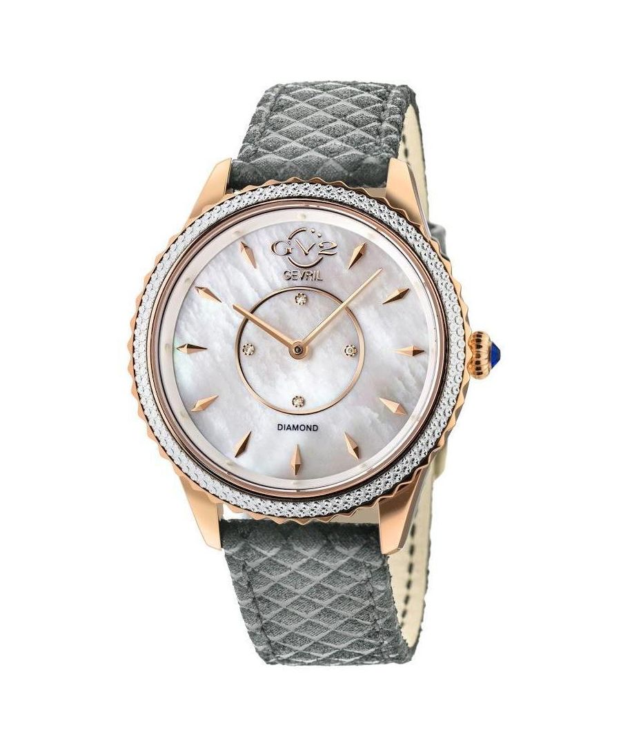 The stunning 38 mm ladies GV2 Siena watch possesses a timeless beauty that will always be in style. This classically proportioned two-hand configuration features elegant pencil hands, raised metallic bar indices, and 4 diamonds in the center of the dial.A glittering diamond cut bezel surrounds the tastefully minimal dial and an onion shaped fluted crown capped with a precious blue cabochon completes the inspired design. This spectacular timepiece is available in exclusive stainless steel, IP rose gold, and IP yellow gold editions, with production limited to 500 pieces each. Each timepiece has been fitted with a matching stainless steel link bracelet.GV2 11701.929.E Women's Siena Genuine Diamond WatchGV2 Women's Swiss Watch from the Siena Collection38mm Round IPRG case with push pull fluted crownWhite MOP dial with 4 Single Cut DiamondsGenuine Textured Black Suede Hand Made Italian Straps with Tang BuckleAnti-reflective Sapphire CrystalWater Resistant to 30 Meters/3ATMSwiss Quartz Movement Ronda 762