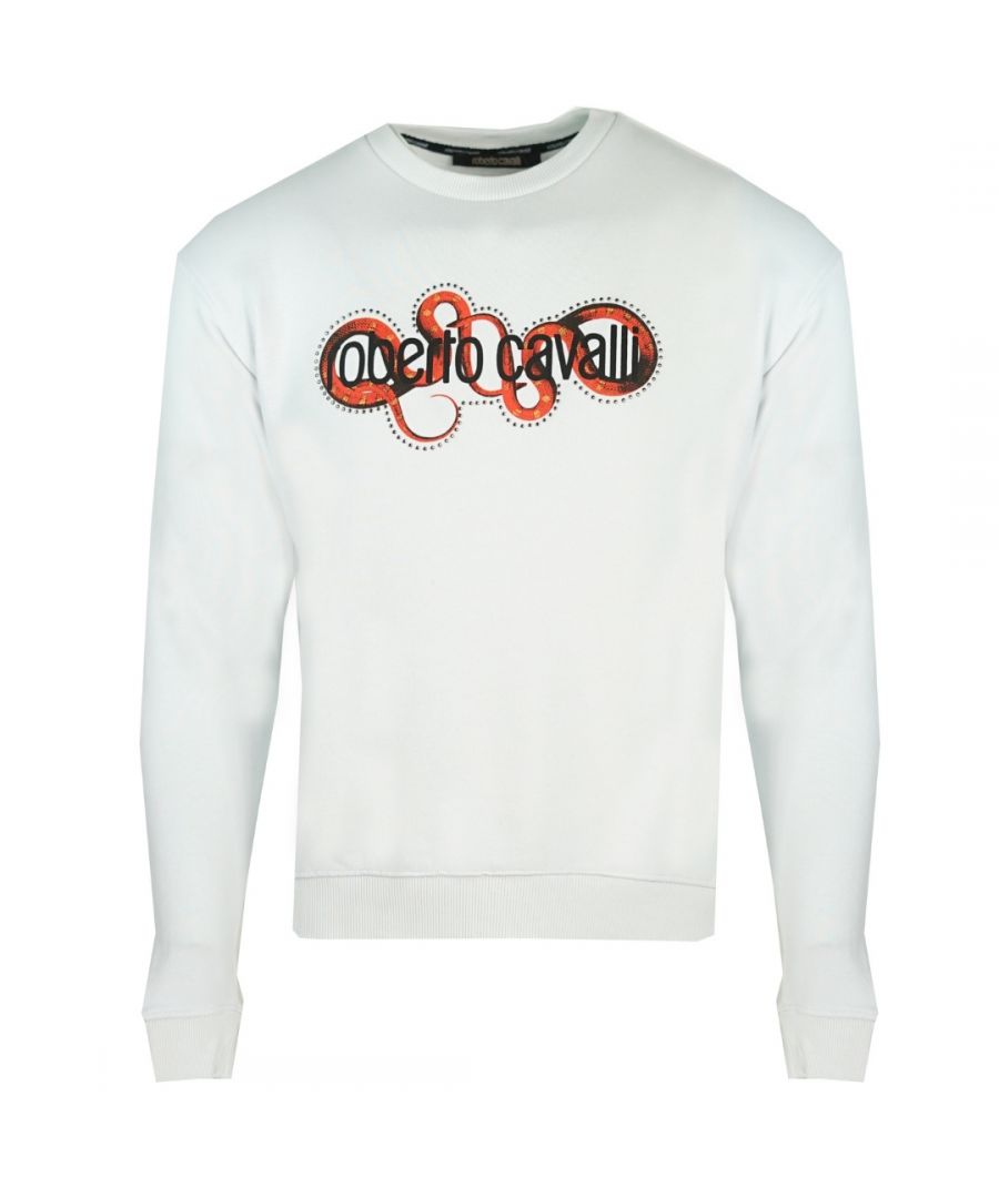 Roberto Cavalli Mens Snake Wrapped Logo White Sweater - Size 2XL