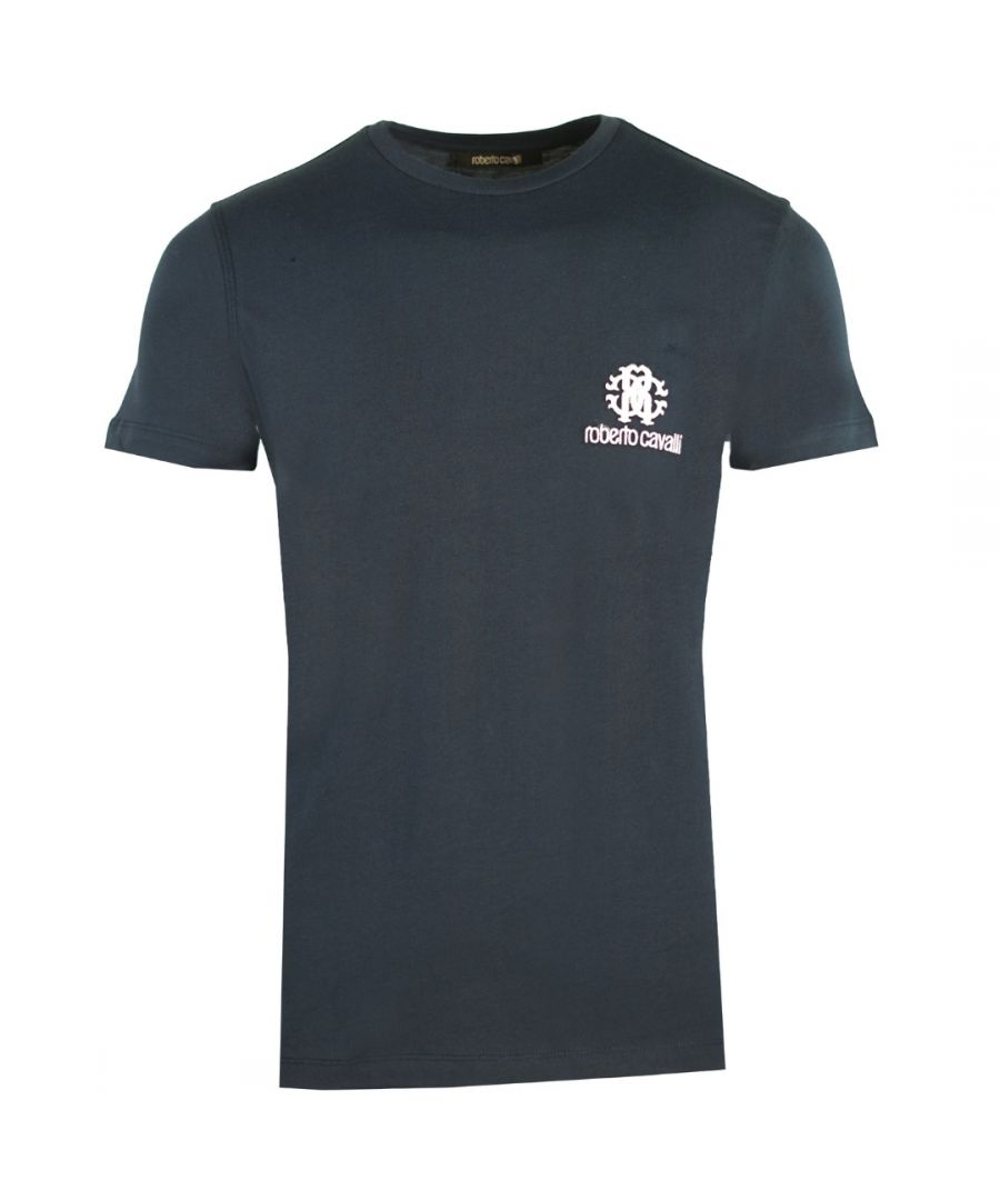Marineblauw T-shirt van Roberto Cavalli met RC-logo op borst