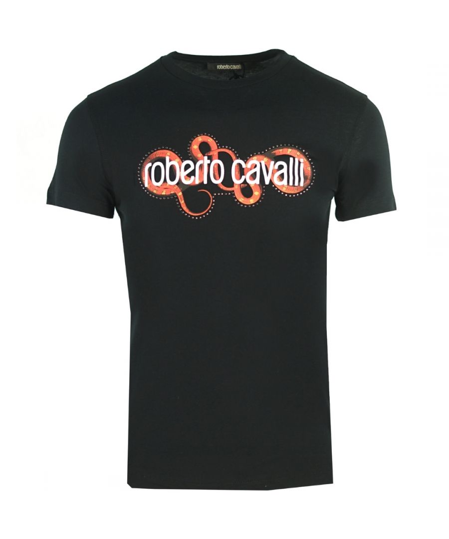 Zwart T-shirt van Roberto Cavalli met slang omwikkeld logo