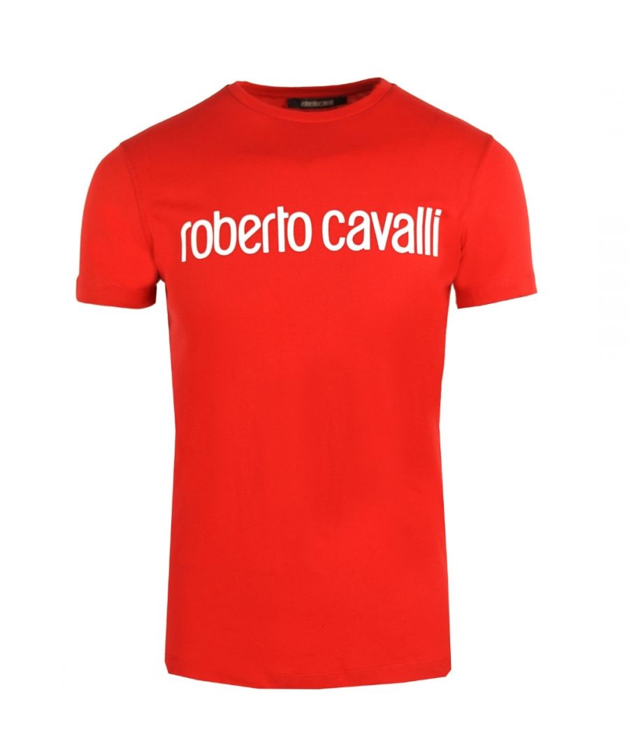 Roberto Cavalli Logo Red T-Shirt. Roberto Cavalli Red Tee. 100% Cotton, Crew Neck. Brand Name Printed Acoss The Chest. Regular Fit. Style: HST68F A516 02000