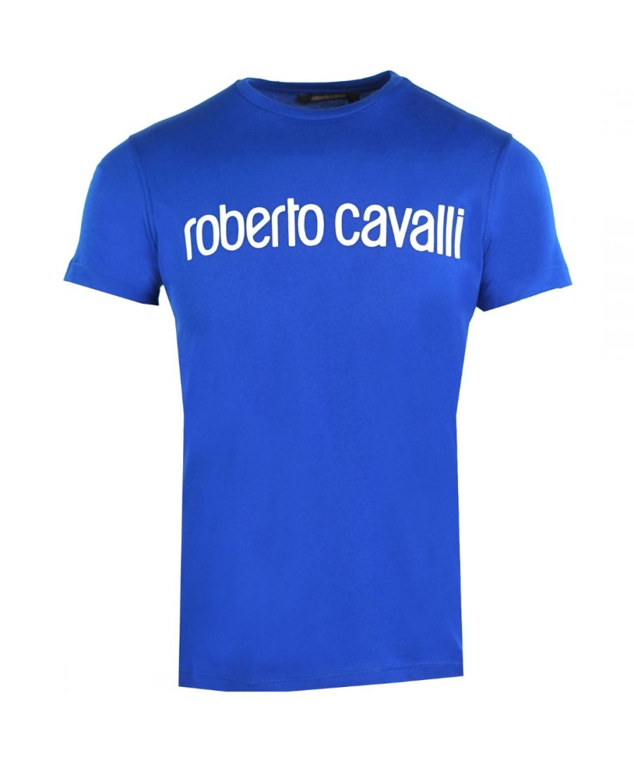 Roberto Cavalli-logo blauw T-shirt. Roberto Cavalli blauw T-shirt. 100% katoen, ronde hals. Merknaam gedrukt op de borst. Normale pasvorm. Stijl: HST68F A516 03030