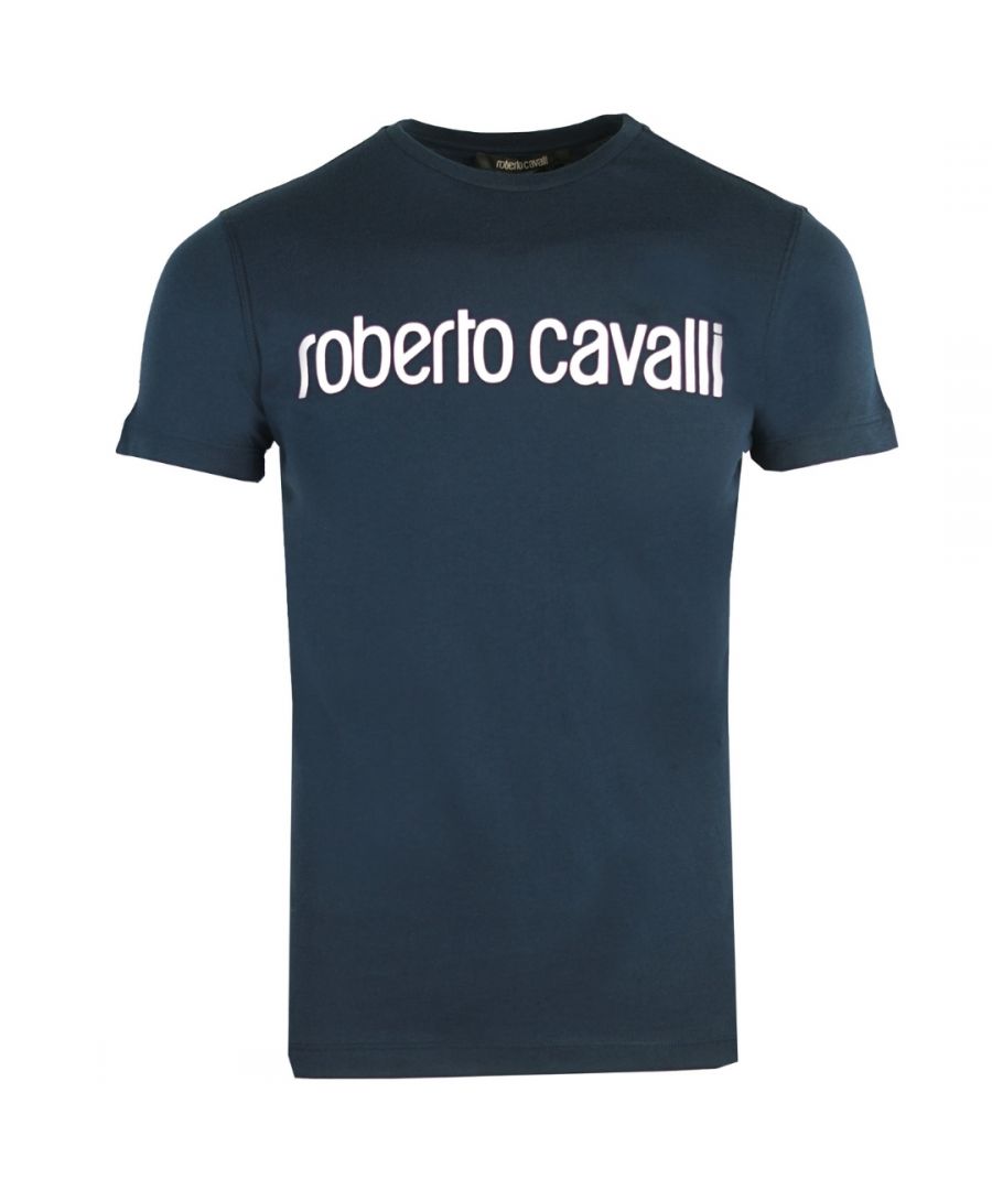 Roberto Cavalli Logo Navy Blue T-Shirt. Roberto Cavalli Navy Tee. 100% Cotton, Crew Neck. Brand Name Printed Acoss The Chest. Regular Fit. Style: HST68F A516 04926