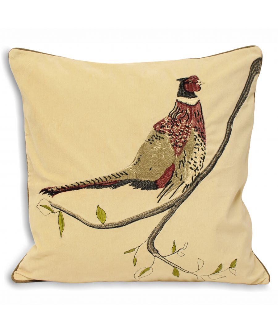 The Hunter Velvet Polyester Filled Cushion brings a modern twist to a country-inspired design. With faux velvet fabric which is wonderfully soft to touch it will shimmer when put in any kind of light while also providing velvets unique suppleness. The face is carefully embroidered with a detailed pheasant in rich burgundy, beige and black. Complete with a contrasting piped border and hidden zip closure. This sumptuous cushion is made of 100% cotton making it a delight on beds and sofas while also providing you with the highest quality of colour. Available in three rich colourways with contrasting reverses it will pop in any setting. For the best results dry clean only and only iron on a cool setting.
