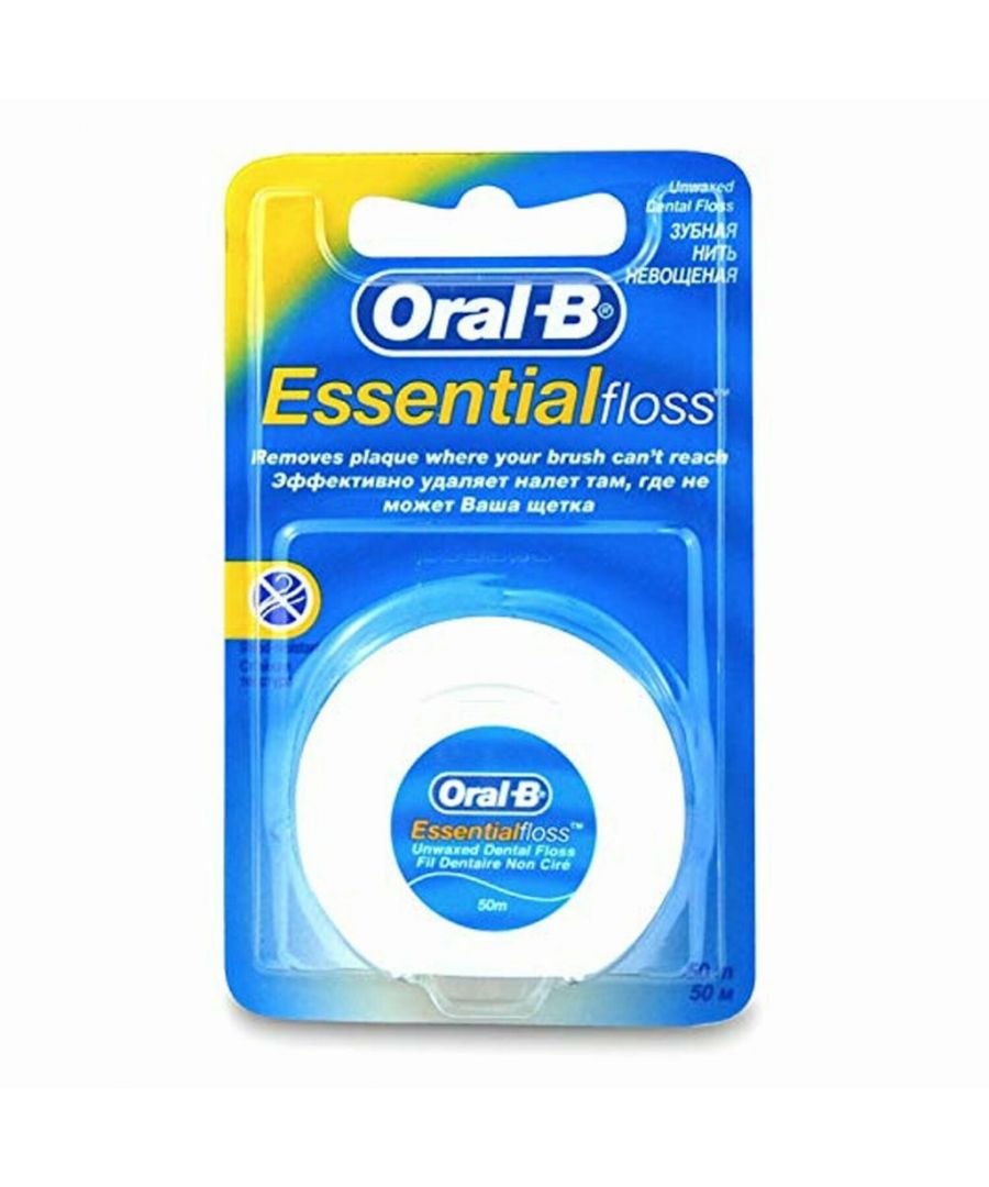Oral B Interdent Wire Essential Dental Floss Unwaxed 50m cleans where your brush can't reach.  This unwaxed dental floss is shred-resistant, removes plaque-bacteria in interdental space and at the gum line, thin and easy to slide through hollow core technology, resists breakage and fraying, delicate and comfortable on the gums. For best results, use dental floss daily.\n\nHow to use Oral-B dental floss : \n\n    You’ll be putting your fingers into your mouth, therefore be sure to wash your hands before you reach for the dental floss.\n    Unwind a string of floss about 18 inches long and snip off. Wind floss around your middle fingers and keep a one- to two-inch length of dental floss taut between them.\n    Use your thumbs and index fingers to guide floss between teeth. Wrap the floss around the sides of each tooth using a zigzag motion. This will help ensure that you get between gums and teeth.\n    Slide floss up and down against the tooth surface and under the gum line. Floss each tooth thoroughly - especially the back teeth. As you move from one tooth to the next, make sure to always unroll a fresh section of dental floss.\n\nWhy should I floss?\n\nA thorough daily oral care routine is important to protect your teeth and gums - and it supports a bright and shining smile. Since brushing alone can’t always get to all the hard-to-reach places where food can get stuck and plaque builds up, you will need some extra help to maintain good oral health. Using Oral-B flosses helps you to reach these spots by sliding easily between teeth and just below the gum line to dislodge debris and remove plaque bacteria. Daily flossing should always be part of your daily oral care routine.