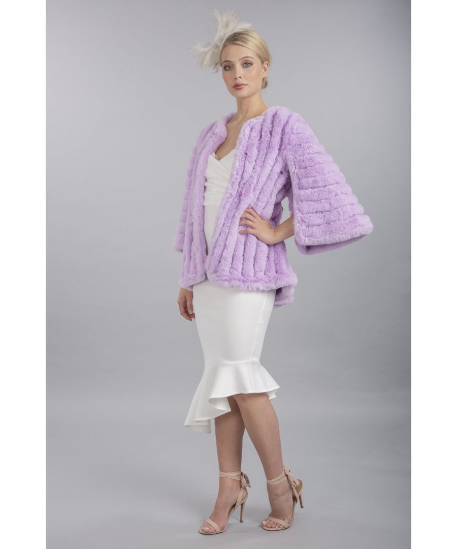 Please note all One-Size Jayley products comfortably fit sizes 8-14. An elegant knitted striped faux fur coat with flared open sleeves. A luxury top layer to compliment any outfit.