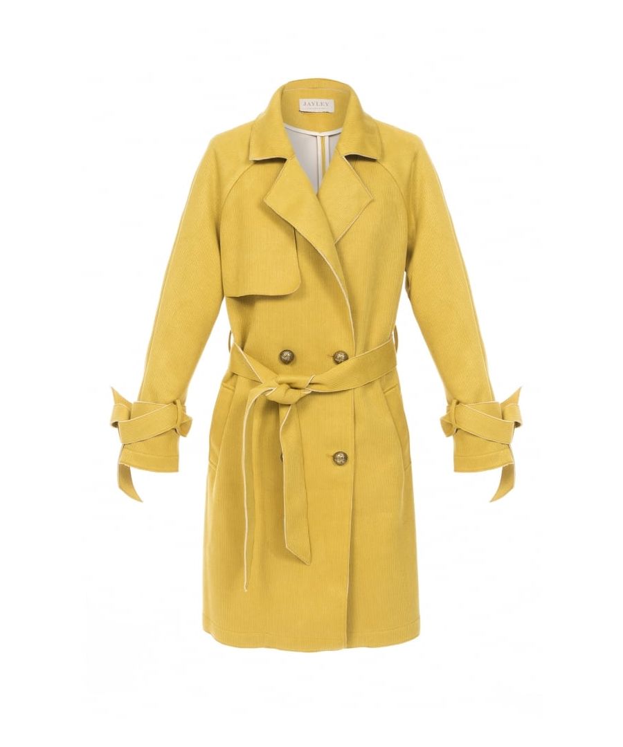 Comfortably fits sizes 6 - 14\nA must-have for your wardrobe, our mustard yellow trench coat is sophisticated and stylish. Designed from Jayley's classic trench collection. Our trench coat had featured pockets, a tie waist, and a storm flap.