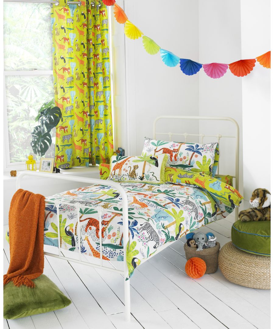 The Paoletti Jungletastic kids bedding is a sure-fire way to make your child excited to go to bed every night. Featuring a gorgeous print of everyone's favourite jungle animals, from tigers to elephants, zebras to giraffes, it'll be an instant hit with your kids. With a reversible design on jungle animals on a bright green background you'll feel as if you're getting two duvets in one. This duvet cover has a secure button closure while the pillowcases have child-friendly envelope closures. Each duvet set comes with a gorgeous duvet cover and fully matching pillowcases. The polycotton blend fabric makes this bedding super soft while also hard-wearing, harmonising comfort with practicality. Fully machine washable be it jam stains or mud; this duvet cover set is incredibly easy to care for no matter what your children put it through. Specifically made the match with the Jungletastic curtains, fitted sheet and cushions.