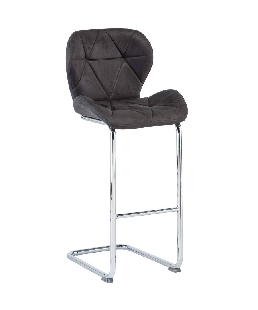 Modern grey bar stool.\n\nHeight: 107cm\nSeat Length: 38cm\nSeat Depth: 48cm\nAssembly Required: Yes\n\nA stylish addition to any residential or commercial premises, the Lincoln Bar Stool is a beautiful piece from World Furniture. Boasting polished chrome legs with an elegant footrest, it comes complete with a grey, faux leather, padded seat with a triangle pattern. It is perfect for use in kitchens, dining rooms and bar areas.