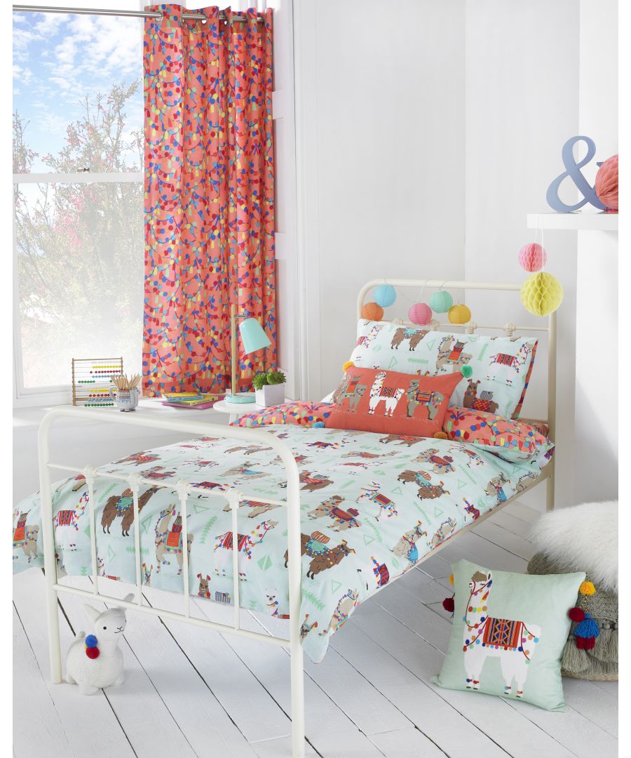 The Paoletti Llamarama duvet cover is bang on trend this season. The kids bedding features an adorable print of cute llamas on a mint background. With a colourful tassel reverse you’ll feel as if you’re getting two duvets in one. This duvet cover has a secure button closure while the pillowcases have child-friendly envelope closures. Each duvet set comes with a gorgeous duvet cover and fully matching pillowcases. The polycotton blend fabric makes this bedding super soft while also hard-wearing, harmonising comfort with practicality. Fully machine washable be it jam stains or mud; this duvet cover set is incredibly easy to care for no matter what your children put it through. Specifically made the match with the Llamarama curtains, fitted sheet, doorstop and cushions.