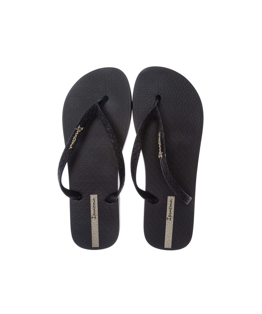 Womens Ipanema Lolita Glitter Flip Flops in black.<BR><BR>Eco-friendly flip flops made from recycled materials.<BR>- Slip on design.<BR>- Slim glitter strap with toe thong.<BR>- Metallic Ipanema logo applied to strap. <BR>- Ipanema beach sidewalk pattern on footbed.<BR>- Flexpand material is 100% recyclable and vegan-friendly.<BR>- Synthetic upper  lining and sole. <BR>- Ref: 81739-23376