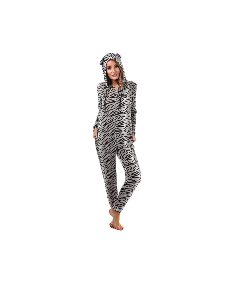 Womens Brave Soul Tiger Print Onesie in grey - black.<BR><BR>Take a walk on the wild side in this animal print onesie!<BR>- Adjustable drawcord to hood.<BR>- Allover tiger print design.<BR>- Front zip fastening.<BR>- Side seam pockets.<BR>- Cuffed hems.<BR>- Woven herringbone back neck tape.<BR>- Inside leg length measures 29in approximately.<BR>- 97% Polyester  3% Elastane.  Machine washable.  <BR>- Ref: LON-463SNOW<BR><BR>Measurements are intended for guidance only.
