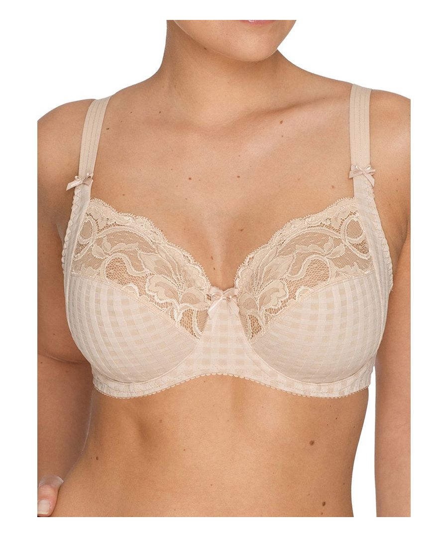 PrimaDonna Madison, this luxurious full cup bra is adorned in a soft gingham style fabric for a charming look whilst the 3-section cup which helps to center, support and provide natural uplift to the bust.  The underwire is encased in 3 layers of fabric incuding a layer of foam to offer optimum comfort. The two tone stretch lace top cup adds a captivating touch, whilst the side support panel offers forward projection of the bust for a flattering fit. The bottom cup is lined and the wide side wings offer extra comfort. The partly adjustable straps feature beautiful lace detail and continue onto the wings for added support.