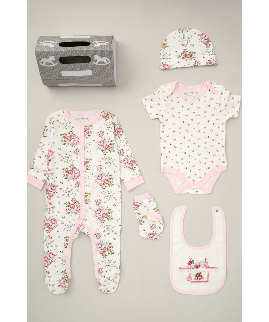 Rock A Bye Baby Girls Rose print 5-Piece Hanging Gift Set - Cream - Size 0-3M