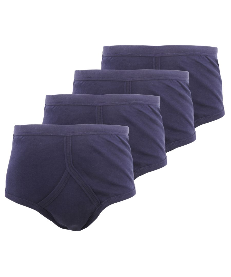 Mens 4 pack of interlock y-front underwear. Comfort fit with an elasticated waist band. Fly opening. Size (to fit) S: 30-32in (76-81cm), M: 33-35in (84-89cm), L: 36-39in (92-99cm), XL: 40-42in (102-107cm), XXL: 44-46in (110-117cm). 100% Cotton. Machine washable at 40c.