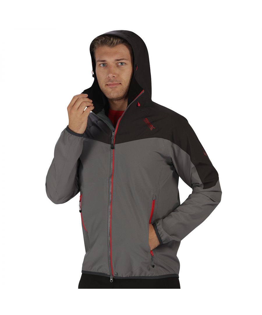 Mens jacket. Provides streamlined defence against wet weather. Exceptionally lightweight and durable ripstop fabric with waterproof/breathable Isotex 5,000 technology, sealed seams and a durable water repellent finish. The wired peak hood adjusts for optimal coverage and visibility. Stretch fabric, the articulated sleeve design and stretch binding to the cuffs and hem deliver a contoured fit that seals out the elements. With two zipped mountain pockets and the Regatta print on the chest. Regatta Mens sizing (chest approx): XS (35-36in/89-91.5cm), S (37-38in/94-96.5cm), M (39-40in/99-101.5cm), L (41-42in/104-106.5cm), XL (43-44in/109-112cm), XXL (46-48in/117-122cm), XXXL (49-51in/124.5-129.5cm), XXXXL (52-54in/132-137cm), XXXXXL (55-57in/140-145cm).