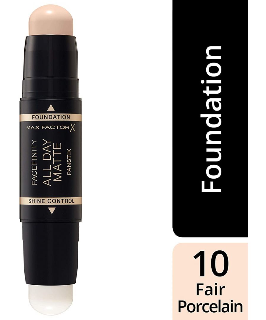 Max Factor Facefinity All Day Matte Panstik gives you full matte coverage with less effort and is perfect for on the go. The 2-in-1 stick contains 2 sides which can be used together or separately and includes a foundation and mattifying and pore-minimizing primer. The Panstik foundation is a long wear and full coverage foundation. The formula has a touch-proof technology and is designed to stay fresh and matte all day without the need to touch-up. Its full coverage effectively covers imperfections, dark circles and even skin discoloration as well as hyperpigmentation, without looking cakey. Its ultra-creamy texture glides and melts at the touch of skin for a smooth and velvety coverage which feels lightweight, while the round-shaped bullet allows for a precise application.