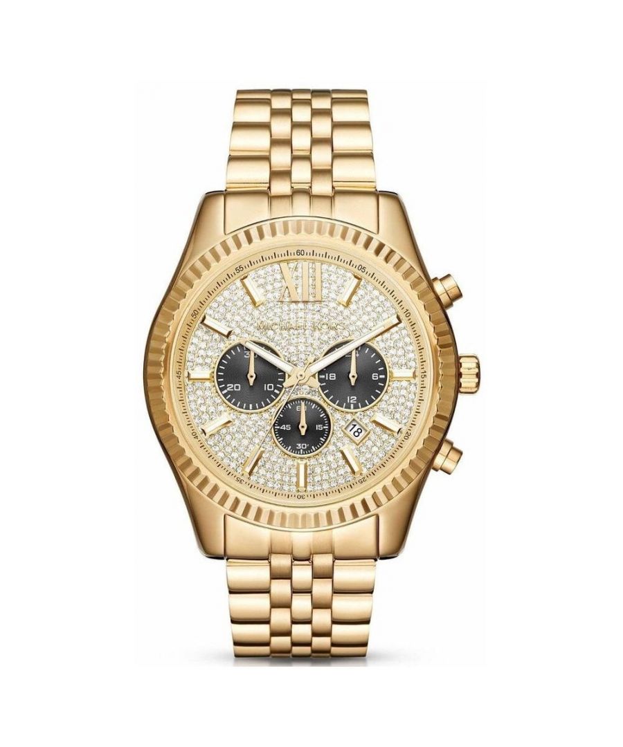 Michael Kors MK8494 Lexington Crystal Dial Gold Stainless Steel Bracelet Watch Mens offers a chronograph including a date function. Gold-tone stainless steel case and bracelet. Fixed gold-tone bezel. Crystal pave dial with luminous gold-tone. EAN 0796483260214