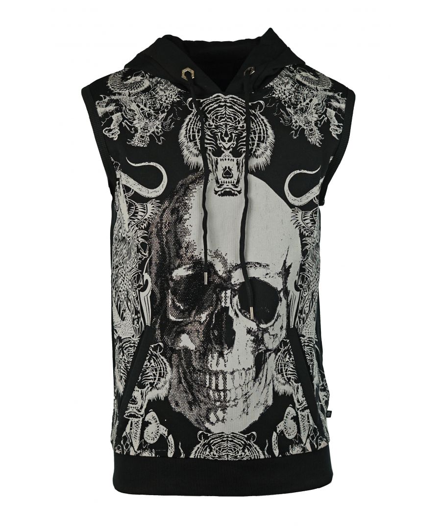 Philipp Plein MJC0008 Slangen 0201 Hoodie Vest. Zwart mouwloos vest met capuchon. Elastische zoom. Groot grafisch motief op de voorkant van de trui. 