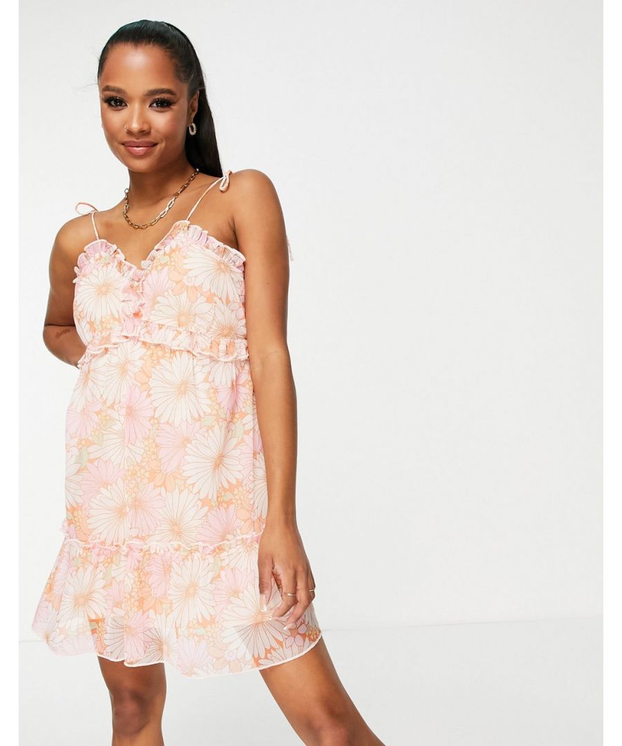 Petite dress by Miss Selfridge Love at first scroll V-neck Tie straps Zip-back fastening Frill trims Regular fit Sold by Asos