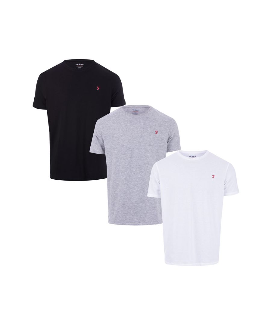Mens Farah Merion 3 Pack T-Shirts in Black Grey White<BR><BR>- Set of 3 Lounge Wear T-shirts<BR>- Short sleeve<BR>- Ribbed collar<BR>- Crew neck<BR>- Branding to chest<BR>- Shoulder to hem 26in approximately<BR>- Black and White: 100% Cotton. Grey: 90% Cotton  10% Viscose. Machine Washable<BR>- Ref: MT2A111926<BR><BR>Measurements are intended for guidance only