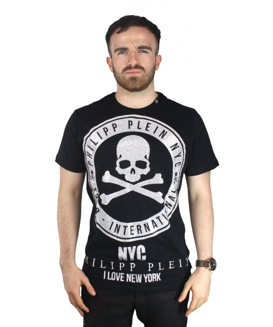 Philipp Plein MTK1246 Eddie 02 T-Shirt. Philipp Plein Black T-Shirt. Skull Printed On Front Of Tee. Diamantes on T-Shirt. Vertical Band Printed On Back. 100% Cotton