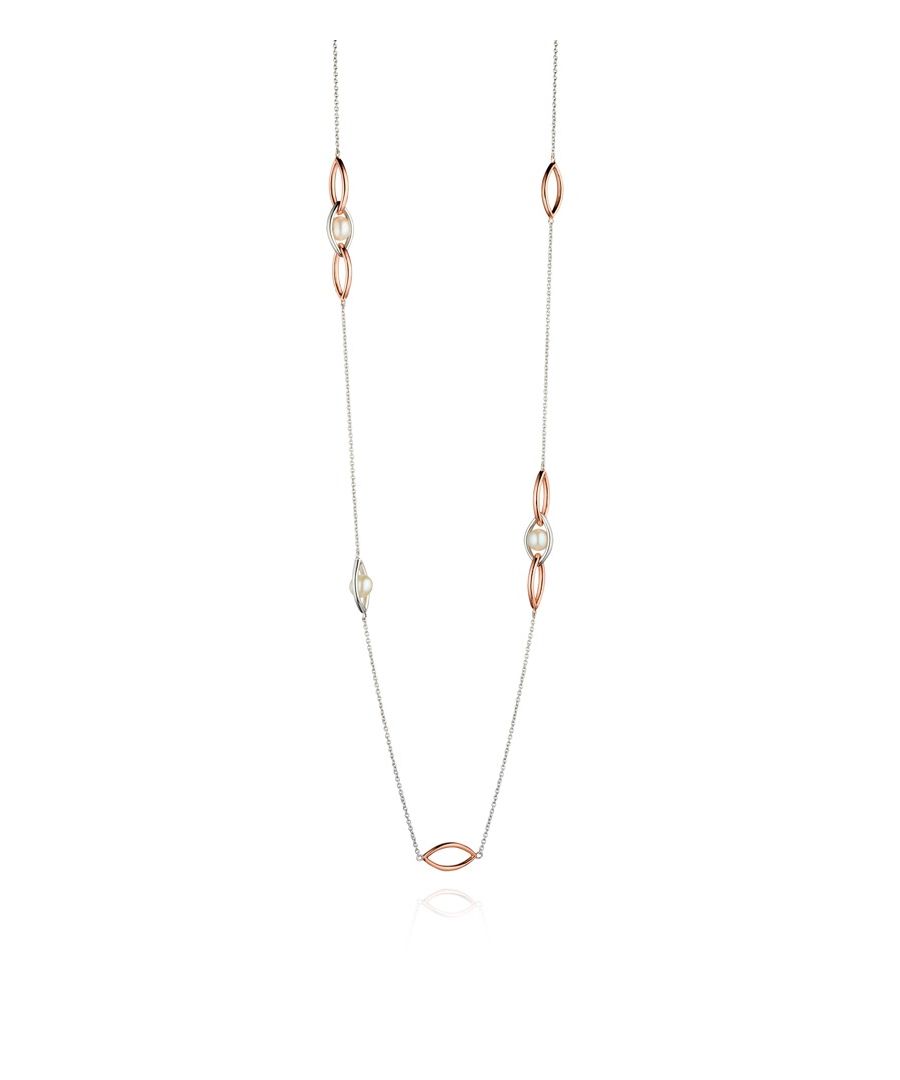 Image for Fiorelli Silver Womens 925 Sterling Silver Rose Gold Plated Pearl Marquise Link Station Necklace of Length 80cm + 5cm