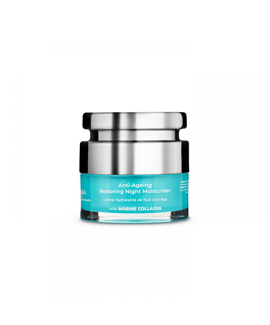 Restructuring Anti-Ageing Restoring Night Moisturiser replenishes whilst you sleep. \nA trio of Marine Collagen, Soluble Collagen and anti-oxidant rich Coconut Oil. \nRenew and regenerate overnight for a restorative skin experience.\n\nKey Ingredients:\n- Marine collagen amino acids intensely hydrate, provide super-enriched suppleness and boost the building blocks which maintain the skin.\n- Soluble collagen infuses with natural moisture into the skin, defining texture for a more radiant, youthful appearance.\n- Precision antioxidants and fatty acids in coconut oil, infuse with visible hydration, restore resilient texture and invigorate the skin’s natural protective shield.\n\nUsage:\nApply 1-2 pumps in the evening to face, neck and decollete, after applying your serum or ampoule.\n\n100% Cruelty Free