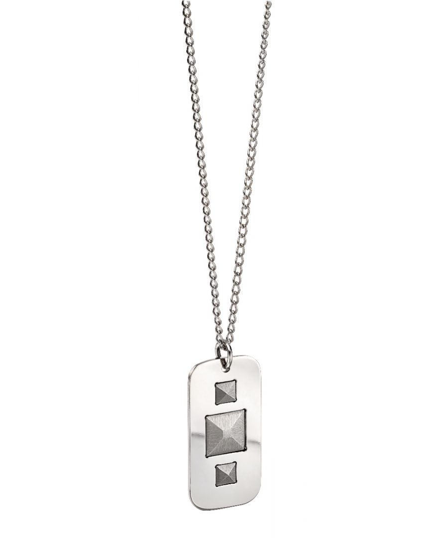 fredbennett fb Mens Stainless Steel Studded Pyramids Rounded Rectangle Dog Tag Pendant Necklace Length 50cmDesign: This brushed stainless steel dog tag necklace is suitable to wear both day and night.  Their versatile studded design with a modern mix of brushed and polished finishes makes them a great match for any outfit and a fabulous gift idea for someone special.Composition: Made from stainless steel with a modern polished finish.Dimensions: Height 41mm, Width 18mm, Depth 2.2mm, Item weight 7.9gFitting: This necklace is 50cm in length and fastens with a secure lobster clasp.Packaging: This item comes provided with a luxury branded jewellery presentation box which is ideal for gifting and provides a safe place to store the jewellery.