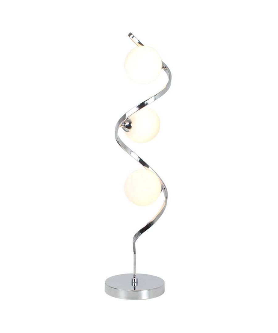 An elegant addition to your living space, this table lamp is part of the Bombo range from Pagazzi Lighting. Finished in polished chrome, the fitting features a swirled arm and comes complete with matt opal glass spheres to house each light bulb. It is perfect for use in living rooms, hallways and bedrooms. Height: 65cm\nDiameter: 15cm\nMaximum Wattage: 28w\nLight Bulb: 3 x G9 Capsule Light Bulbs (Not Included)