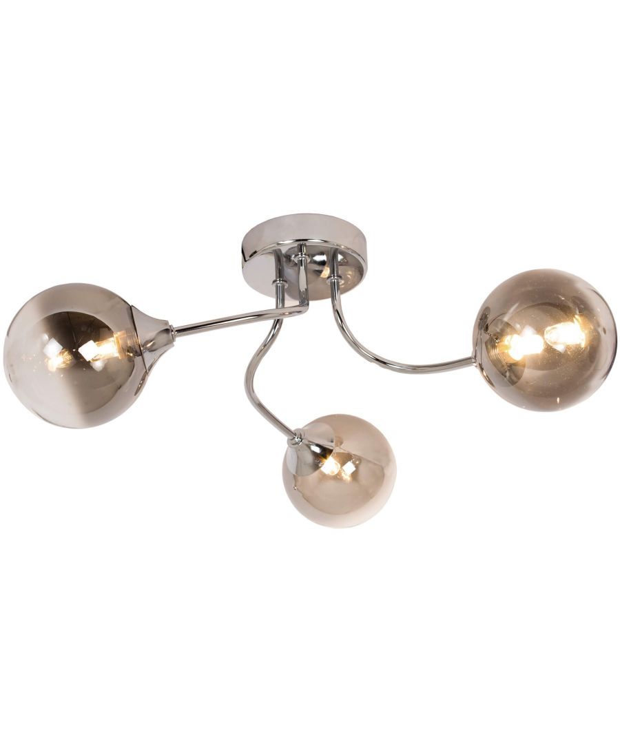 A stunning addition to any room in your home, this semi flush ceiling light is part of the Jonsey range from Pagazzi Lighting. Finished in an elegant polished chrome, each light bulb is housed within an ombre glass shade which is spherical in shape. This ceiling light is perfect for use in lounges, hallways and bedrooms. Height: 17.5cm\nDiameter: 50cm\nMaximum Wattage: 28w\nLight Bulb: 3 x G9 Capsule Light Bulbs (Not Included)