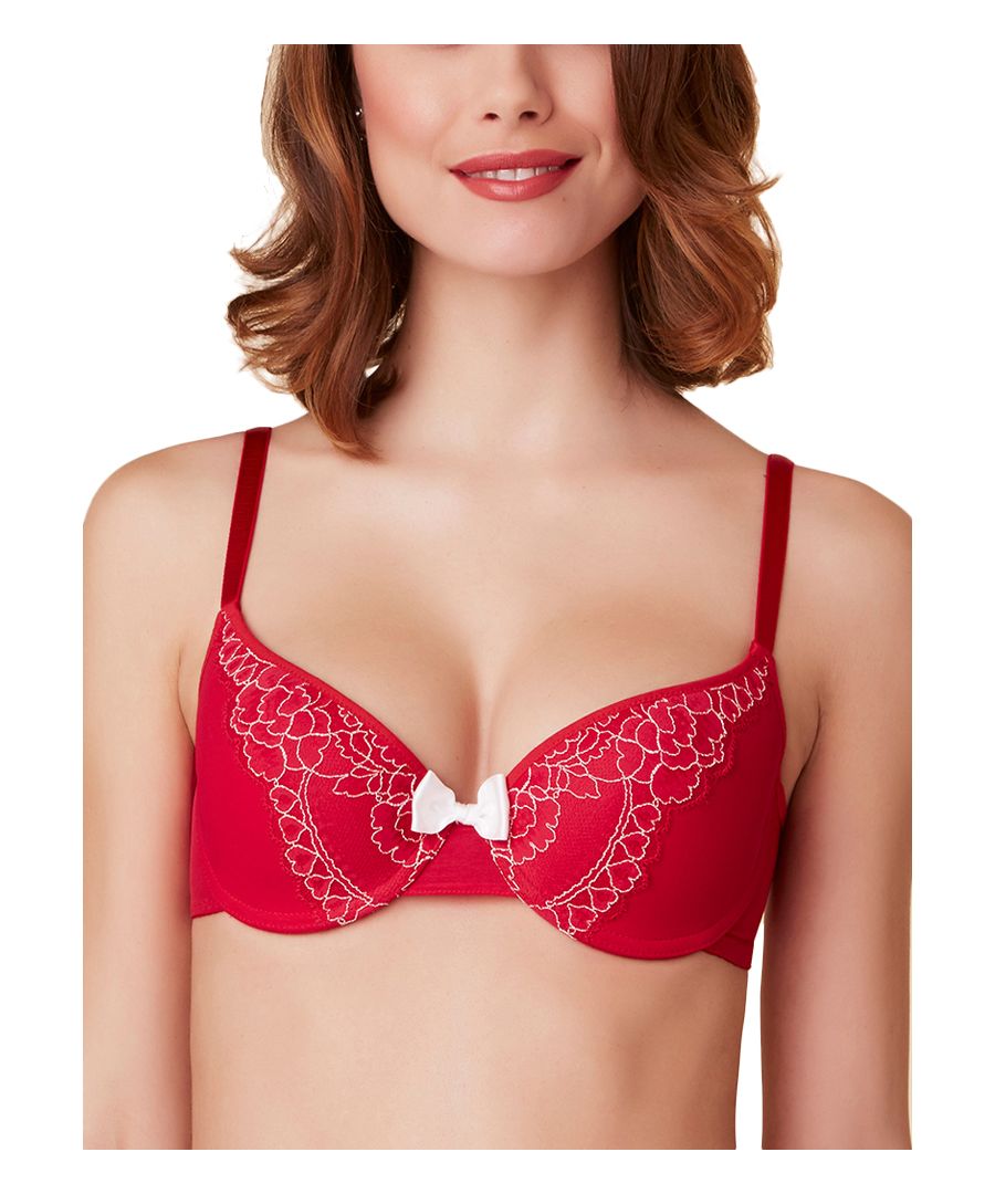 Passionata by Chantelle Amoureuse moulded balcony bra.   this pretty range has a delicate luxurious lace overlay.  This moulded very lightly padded balcony bra is underwired with fully adjustable straps for support and perfect fit.   A cute centre bow and lace between the cups gives a feminine touch.   An everyday cute but practical bra.  A must have in your favourite lingerie collection!