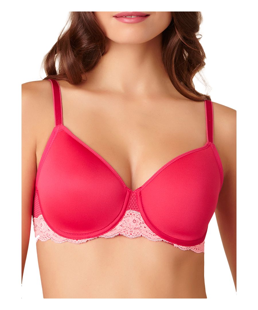Passionata by Chantelle- This gorgeous Brooklyn underwired T-shirt bra features luxuriously soft spacer cups which are made from lightweight fabric that allows the air to pass through them, making this bra perfect for warmer days. The padded spacer cups are seam free and provide a smooth, rounded shape underneath tight-fitting clothing for a flattering fit. Inner side slings are included in cup sizes D and above to help provide uplift without the use of push up. Scalloped lace trim adds a feminine touch underneath the under bust. Complete with plush back adjustable satin straps and a 2-hook 4-row closure. Please note the lace trim on the pink bra is coral in colour.