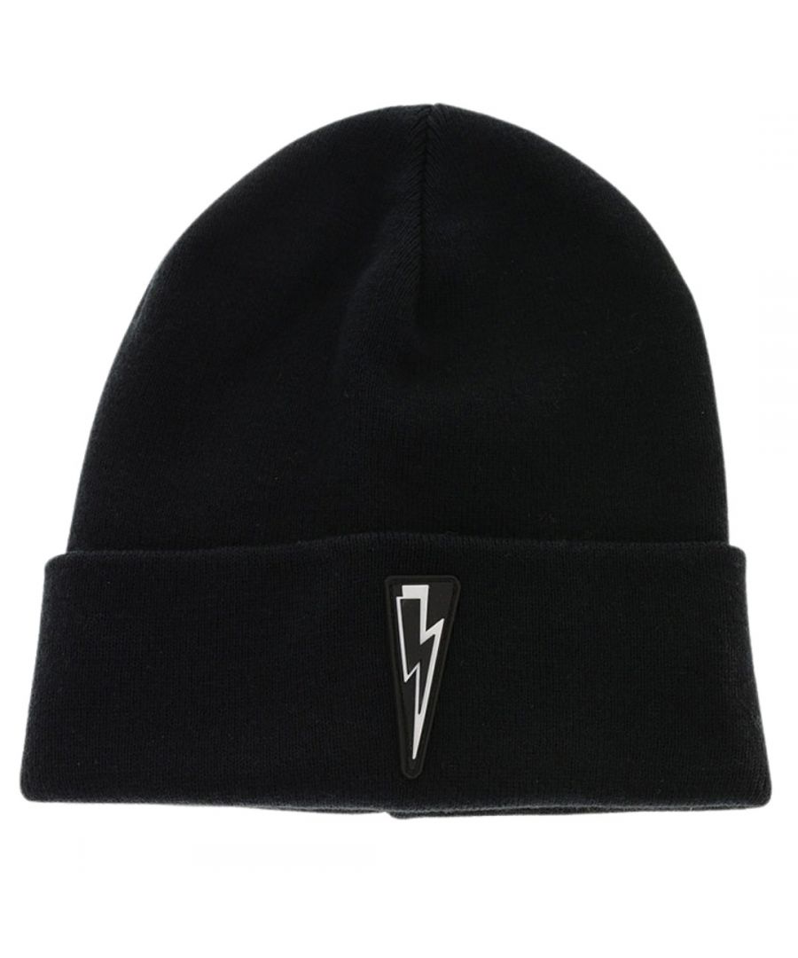 Neil Barrett Bolt Logo Beanie Black Hat. Neil Barrett Logo Beanie Black Hat. 90% Cotton, 10% Cashmere. Stretching Fit. PBCP290A N9508 01. Made In Italy