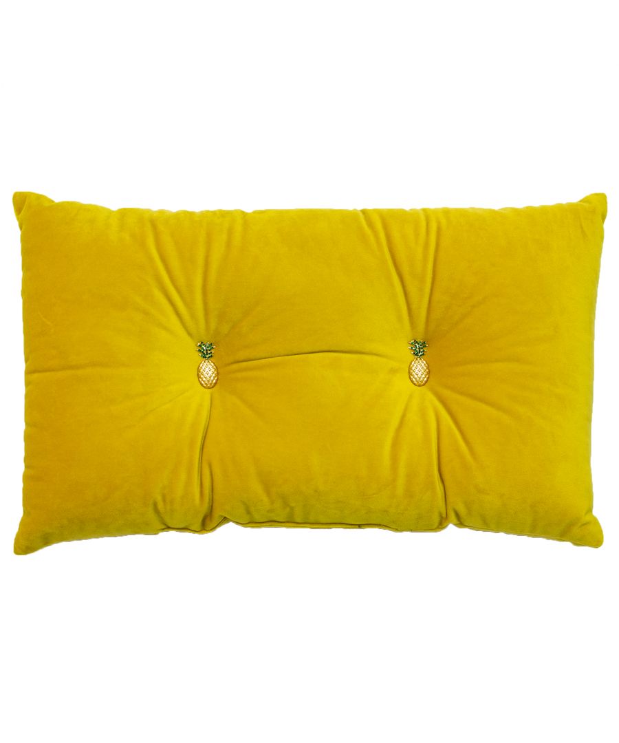 Named after the sweet tropical fruit, Pineapple is prefilled with hollowfibre polyester, making it soft and comfortable as well as durable with a slight sheen. The cushion is characterised by a wonderfully soft-to-the-touch finish with cut fibres that follow the stroke of your hand. Add a striking embellishment to your home with the cushion that features two playful centred, jewelled gold metal pineapples, allowing the cushion to be a highlighted feature in any room of the house. The secure buttoned design adds a ‘ruched’ textured affect for a luxurious feel and appearance.