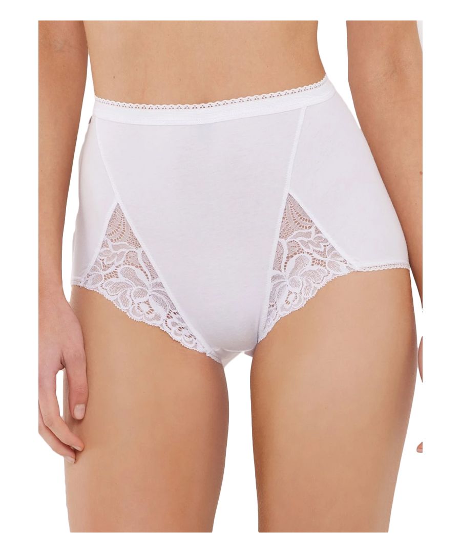 Playtex Cotton Feminine Briefs, these flattering briefs come as a pack of three.  The briefs are made of 95% ultra soft and stretchy cotton that leave no marks due to the flat lace panel finishing.  The high rise elasticated, scalloped waist band offers a comfortable fit and good overall coverage.