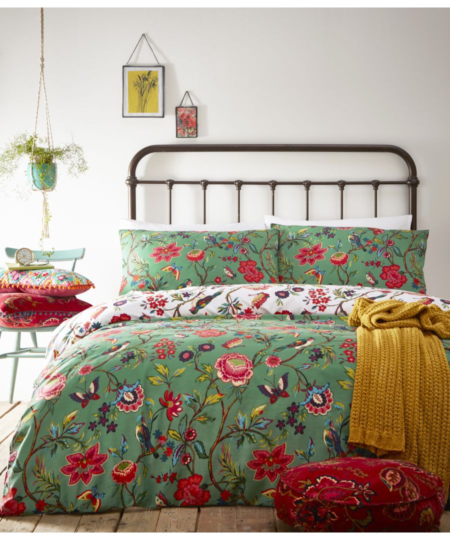 Bright colours will dominate this season and the Pomelo duvet cover set does more than deliver, it exceeds expectations. Beautifully patterned with a mirage of brightly coloured tropical birds, butterflies and flowers it’s a fun and unique piece. Named after the Pomelo fruit which is a large, yellow citrus fruit native to South and Southeast Asia this duvet set reflects this fruit’s natural vivid colouring. The vibrant display reverses onto a white background with an equally detailed print of botanicals. Available in two brilliant colours each duvet set comes with fully matching housewife pillowcases. Made of crisp polycotton making this duvet set soft and hard-wearing. This duvet cover features a secure button closure while the pillowcases have an envelope closure. Machine washable on a 40 degree cycle. Iron cool and tumble dry on a low setting for the best finish.