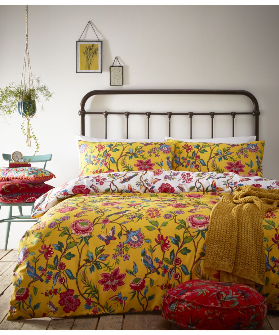 Bright colours will dominate this season and the Pomelo duvet cover set does more than deliver, it exceeds expectations. Beautifully patterned with a mirage of brightly coloured tropical birds, butterflies and flowers it’s a fun and unique piece. Named after the Pomelo fruit which is a large, yellow citrus fruit native to South and Southeast Asia this duvet set reflects this fruit’s natural vivid colouring. The vibrant display reverses onto a white background with an equally detailed print of botanicals. Available in two brilliant colours each duvet set comes with fully matching housewife pillowcases. Made of crisp polycotton making this duvet set soft and hard-wearing. This duvet cover features a secure button closure while the pillowcases have an envelope closure. Machine washable on a 40 degree cycle. Iron cool and tumble dry on a low setting for the best finish.