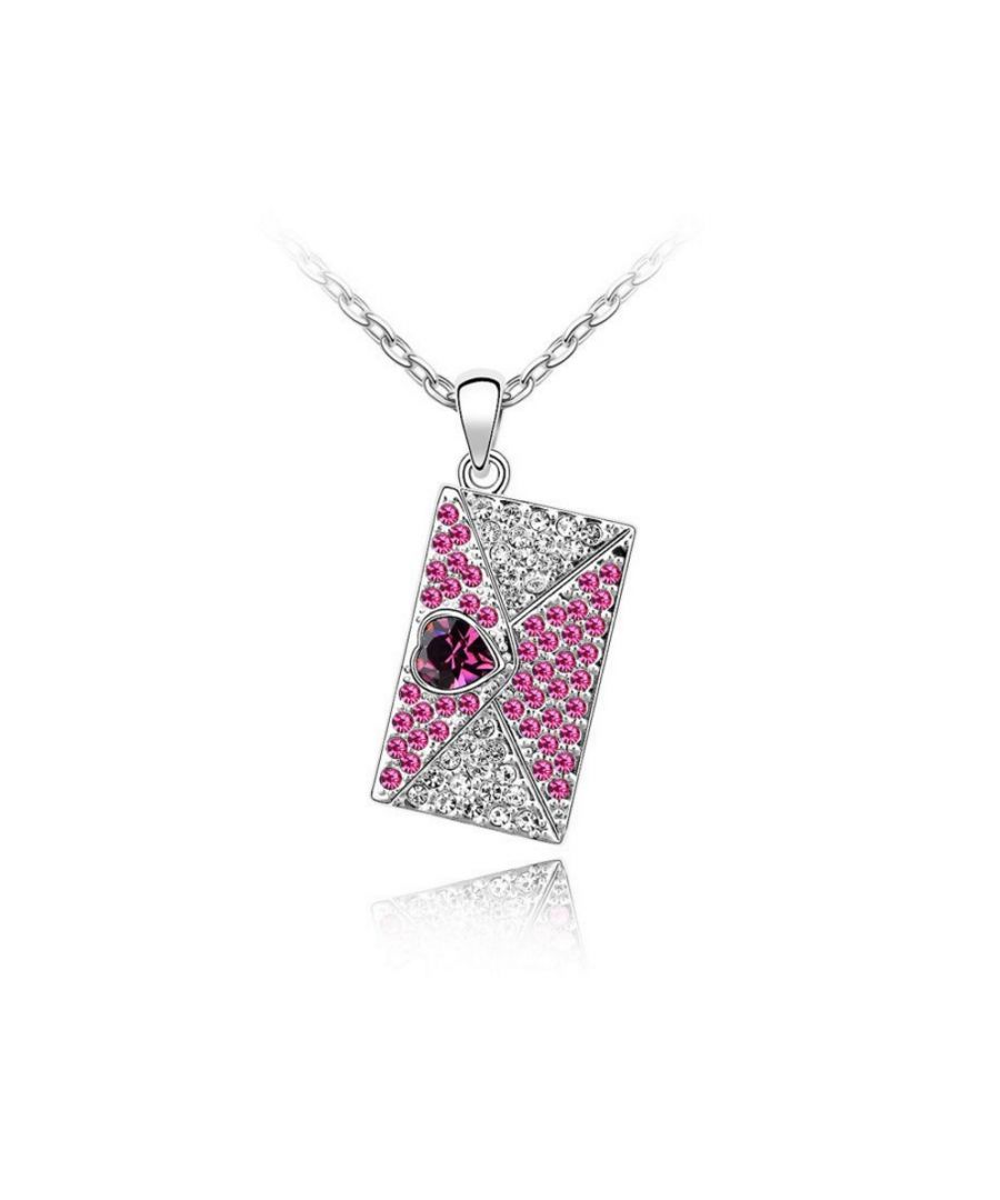 Love Letter Pendant made with a Pink crystal from Swarovski This pendant is in white gold plated mounting and made with a pink crystal from Swarovski. Size: 35 x 20 mm Chain includes 40 cm