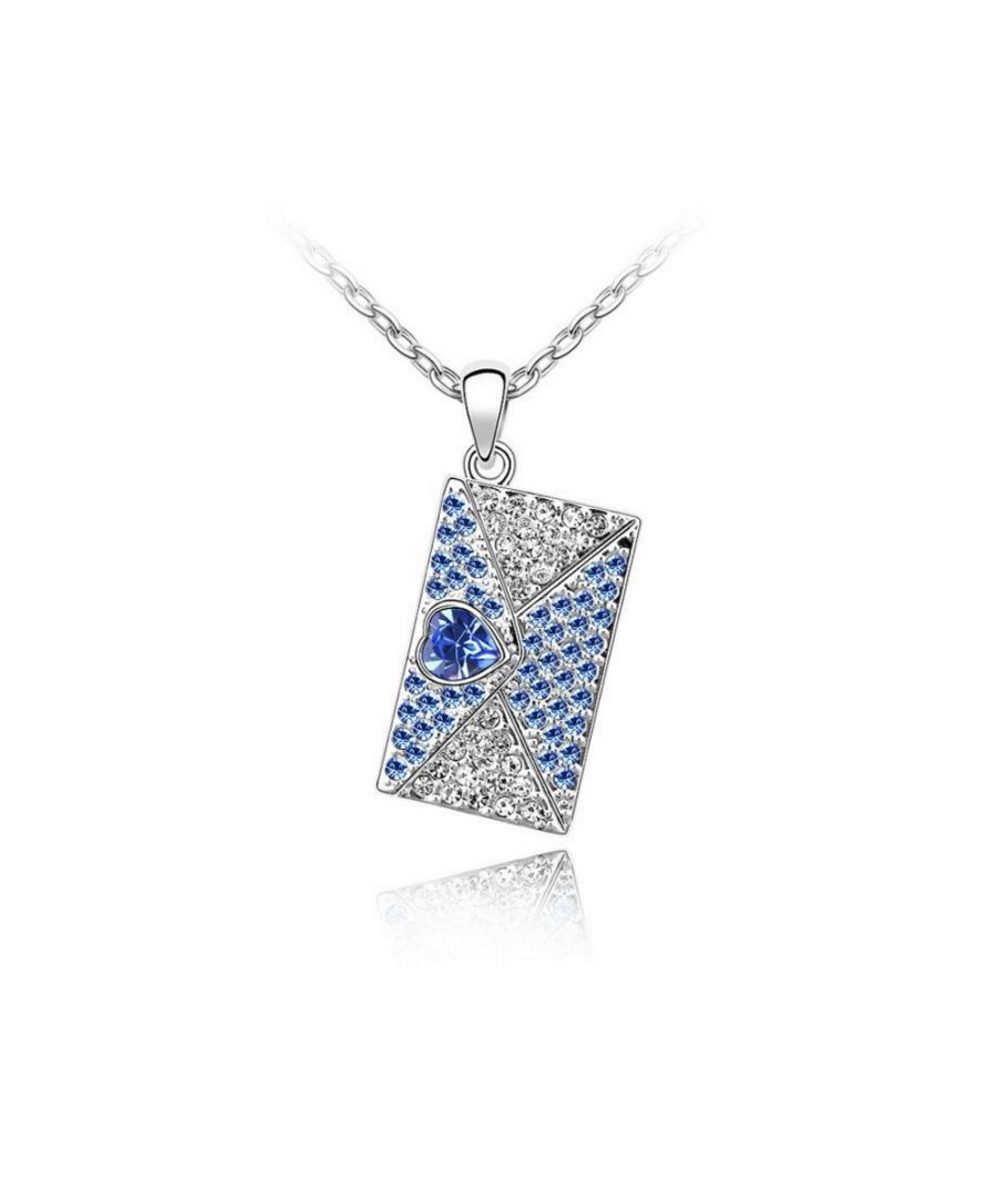 Love Letter Pendant made with a Blue Crystal from Swarovski This pendant is in white gold plated and is made with a blue Crystal from Swarovski. Size: 35 x 20 mm Chain includes 40 cm