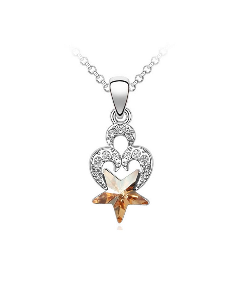 Hanger met hart en ster met een kristal van Swarovski. Deze ketting bestaat uit een hart met witte kristallen en een ster met een champagnekleurig kristal van Swarovski. De basis is verguld met 18K witgoud. Afmetingen: 27 x 15 mm, inclusief ketting van 40 cm.