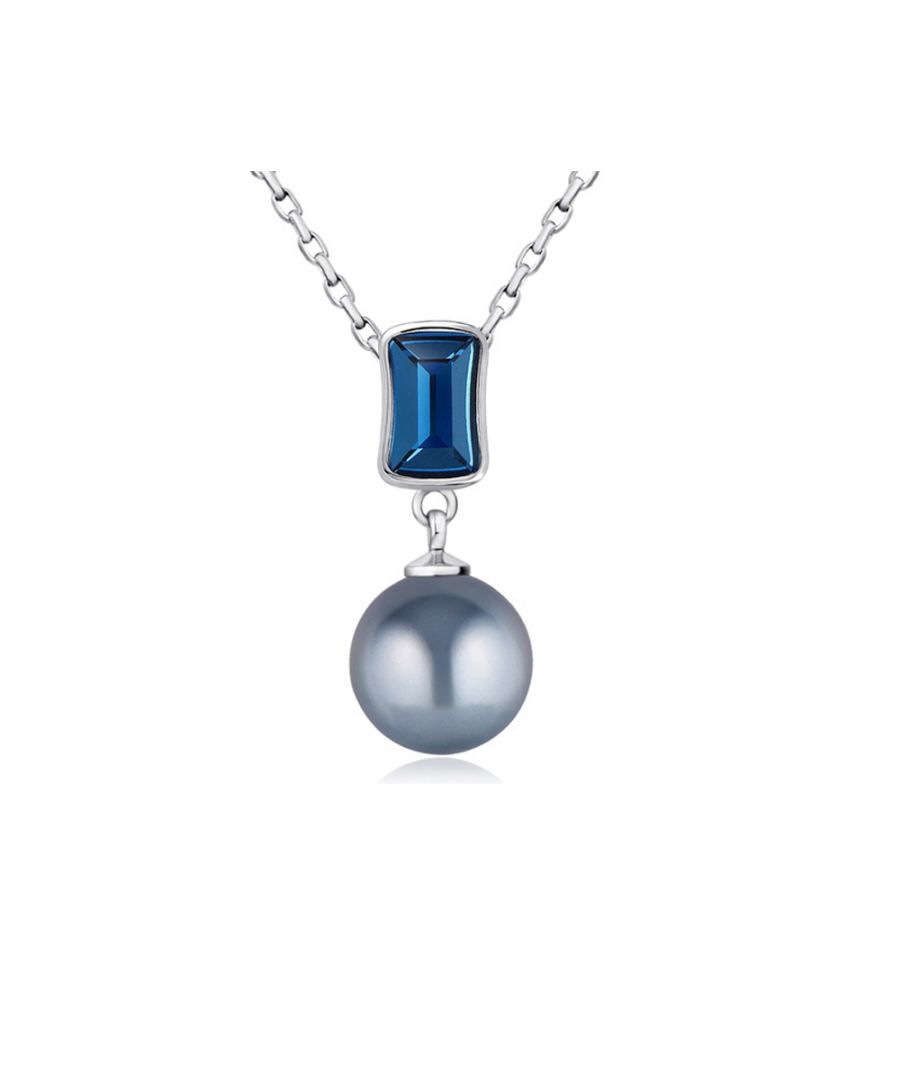 Blue Pearl and Swarovski Crystal Elements Pendant This pendant modern design consists of a blue Swarovski Crystal Element and blue pearl. Rhodium plated frame. Description : Blue Swarovski Crystal Elements 1 x 0.7 cm Pearl gray 1 cm in diameter Length of pendant: 2.7 cm Chain included 40 cm adjustable