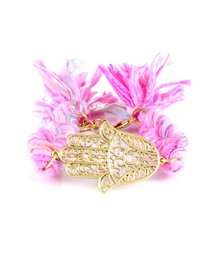 Ettika - Armband met roze linten en geelgouden Khamsa.