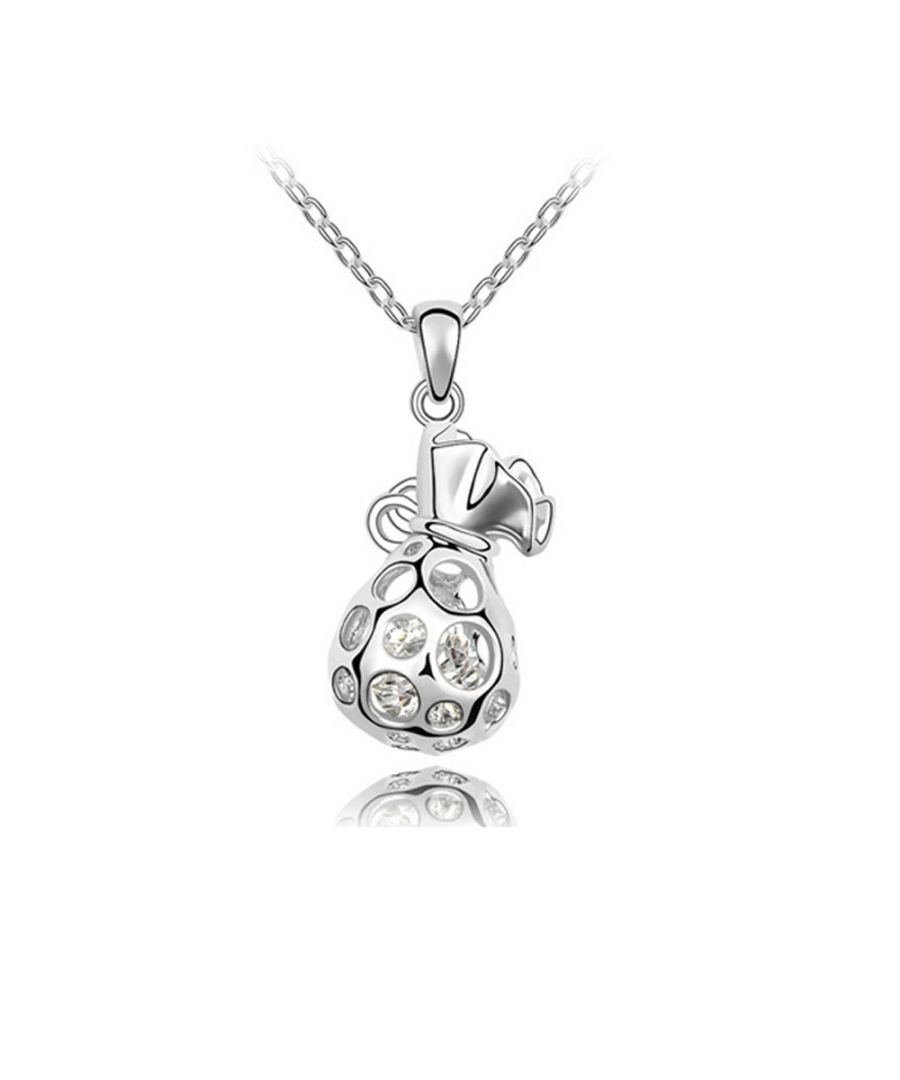 White Swarovski Element Crystal Pendant This pendant is set with white Swarovski Elements crystals. Mounting in high quality white gold plated alloy. Chain length: 40 cm; Dimensions: 1.3 x 2.7 cm; Weight: 8 g. Lobster clamp clasp