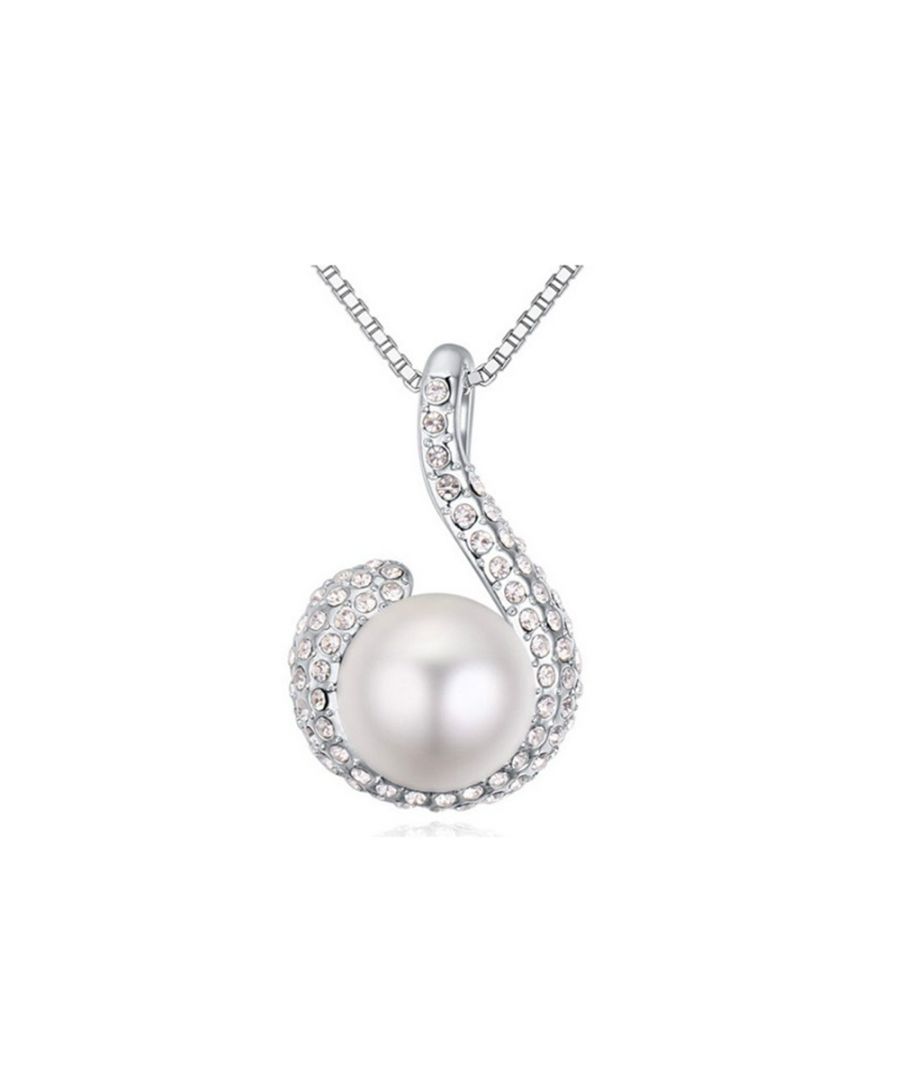 White Pearl Pendant made with a White Crystal from Swarovski This beautiful pendant is made with white crystals from Swarovski and white synthetic pearl. Supplied with a chain of 40 cm and adjustable (5 cm). Dimensions: 3 x 1,8 cm Weight: 14,2 gr