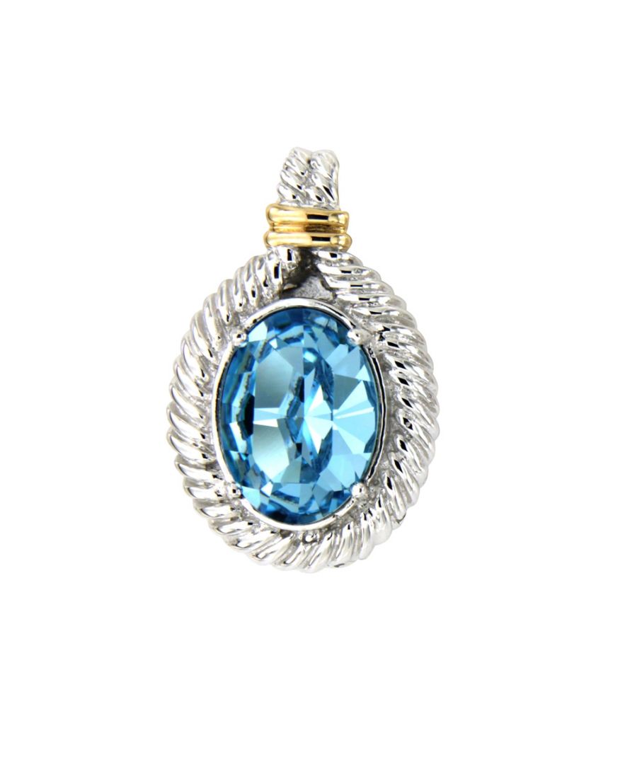 Blue Swarovski Elements Crystal and 925 Silver Pendant This jewel is remarkable for its elegance. Blue Topaze Swarovski Crystal Elements Mounting : 925/1000 Silver with Rhodium and Yellow gold Plated to a perfect finish. Dimensions: 1.8 x 3 cm Delivered with chain in rhodium plated and 40 cm.