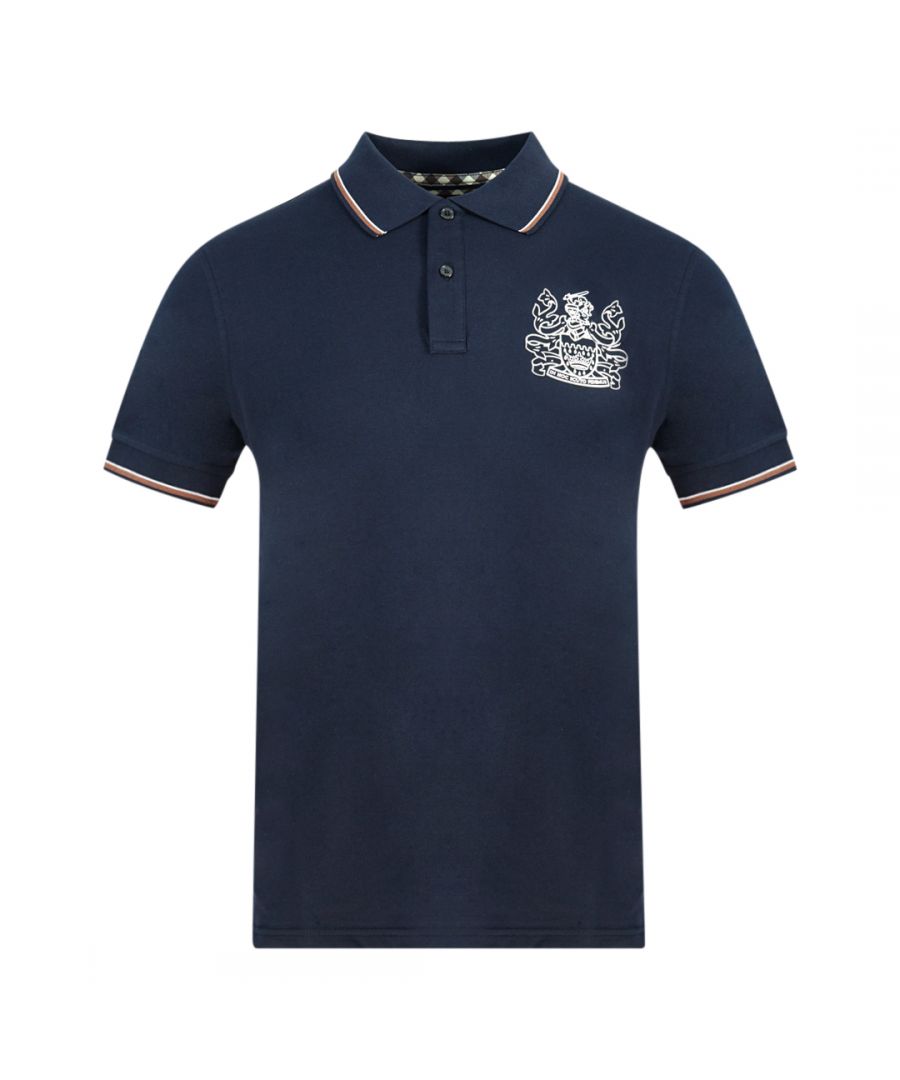 Aquascutum Aldis Crest Logo Blue Polo Shirt. Branded Logo, Short Sleeves. Stretch Fit 95% Cotton 5% Elastane. Regular Fit, Fits True To Size. QMP023 85