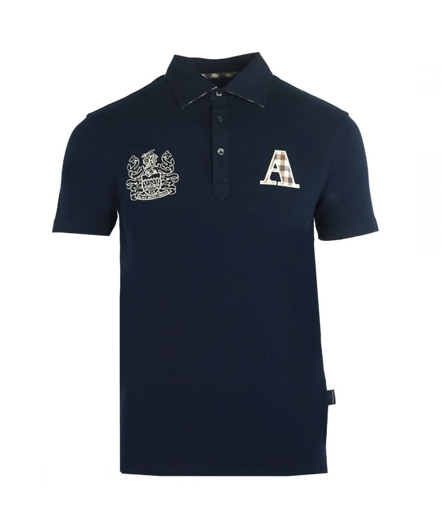 Aquascutum Mens Check A Logo Navy Polo Shirt - Blue - Size M