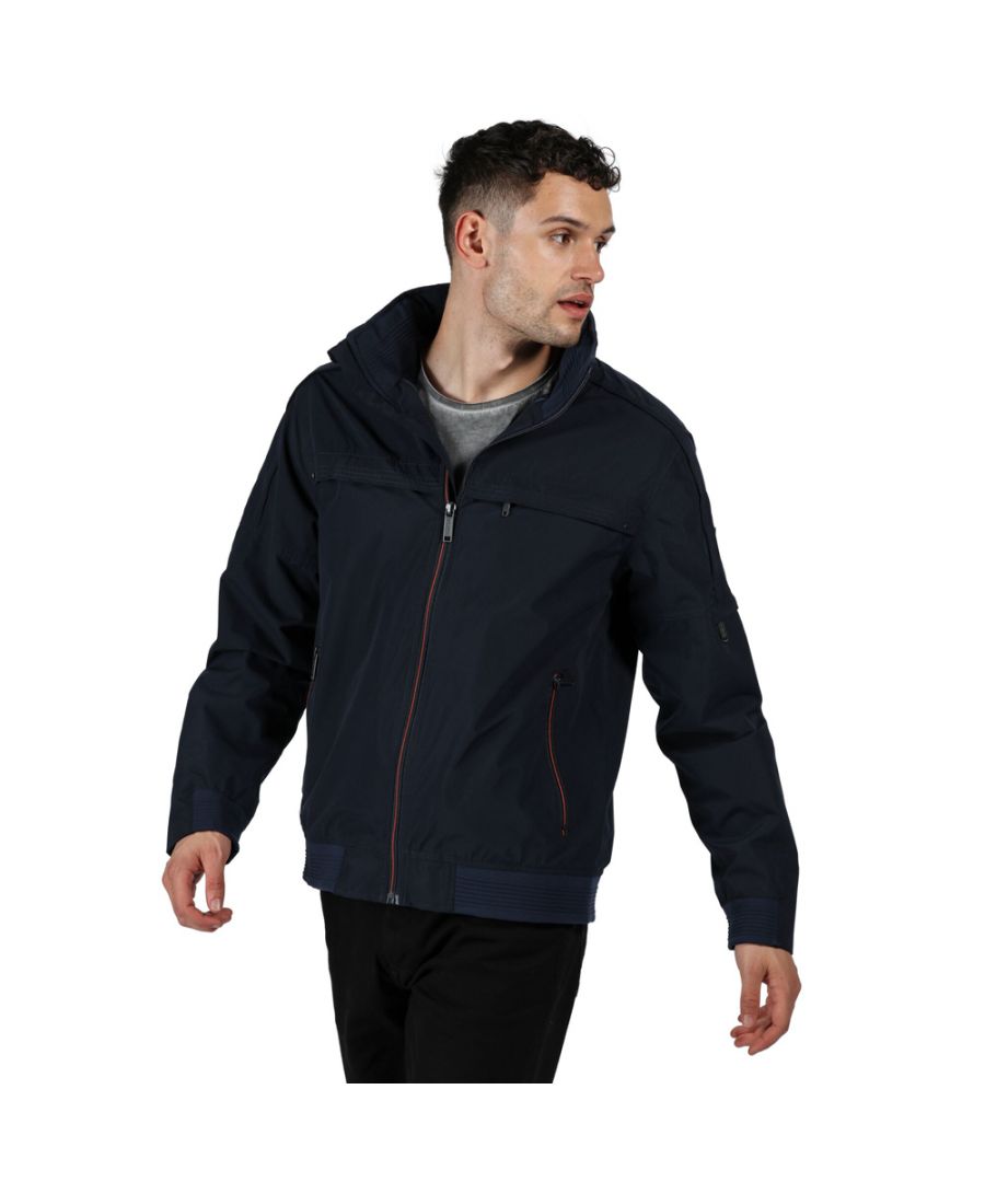 Mens Regatta Montel Waterproof Bomber Jacket in navy.- Fold-out hood adjusts with a small toggle for coverage.- Metal eyelets and a chunky zip fastening.- Side pockets and a zipped one on the sleeve.- Durable Water Repellent.- Ribbed cuffs and hem.- Regatta Outdoors badge on the left sleeve.- 100% Polyester.- Ref: RMW312540